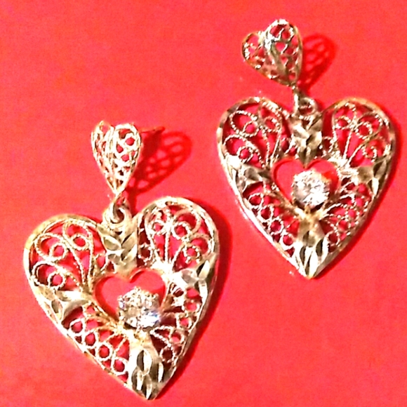 VINTAGE Sterling Silver Filigree Heart White Stone - Picture 2 of 8